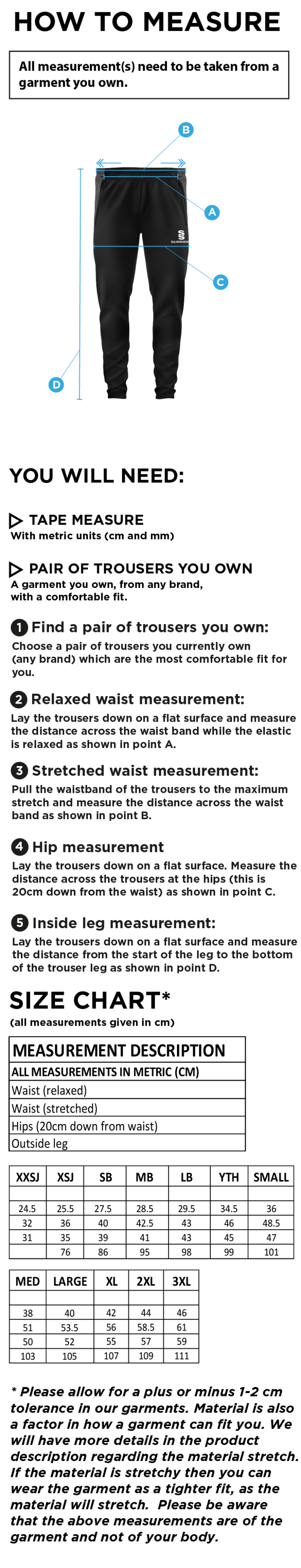 Kinross HC - Tek Slim Training Pants - Size Guide