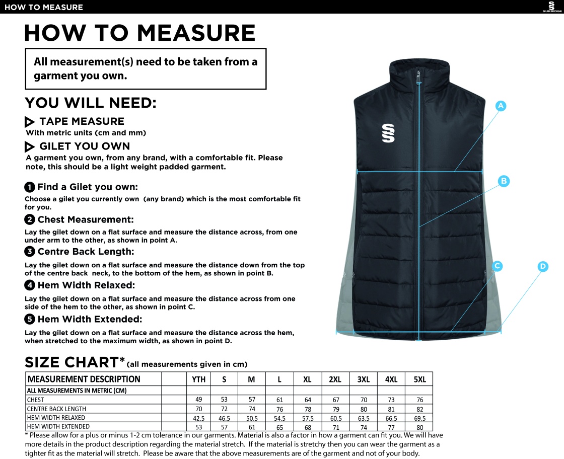 Kinross HC - Coaches - Padded Bodywarmer - Unisex - Size Guide