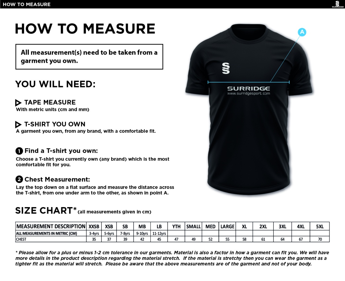 Kinross HC - Women's Blade Training Shirt - Size Guide