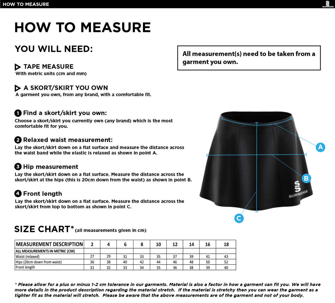 Kinross HC - Blade Skort : Black - Size Guide