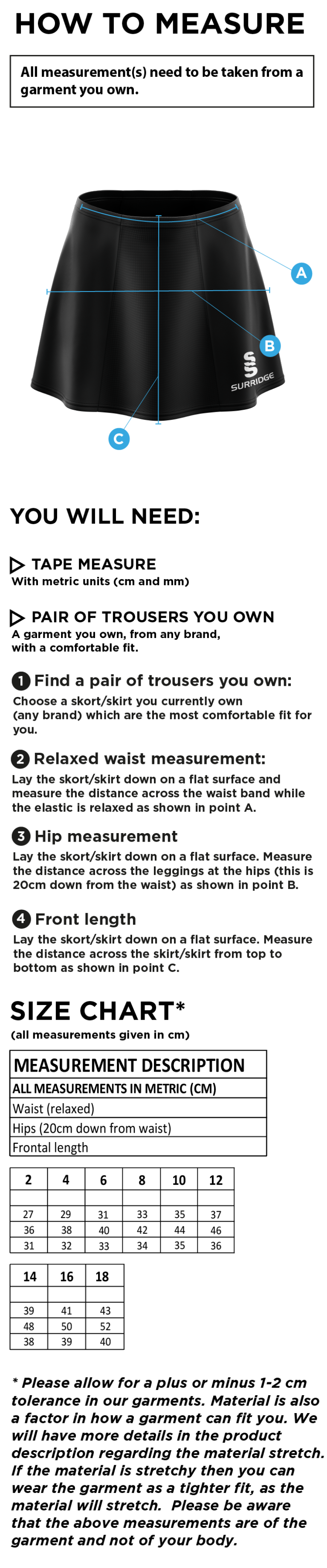 Kinross HC - Blade Skort : Black - Size Guide