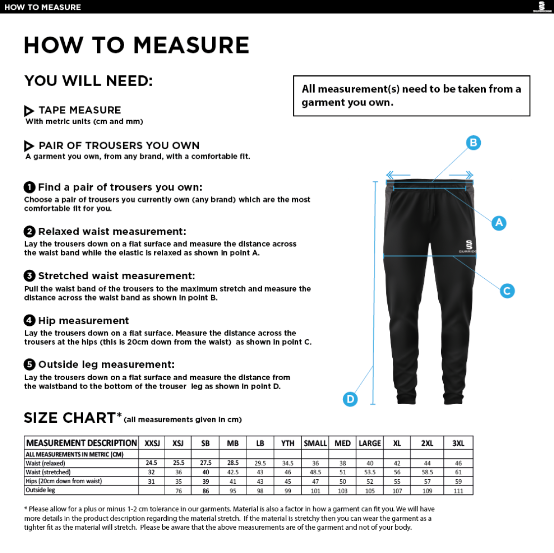 Kinross HC - Tek Slim Training Pants - Size Guide