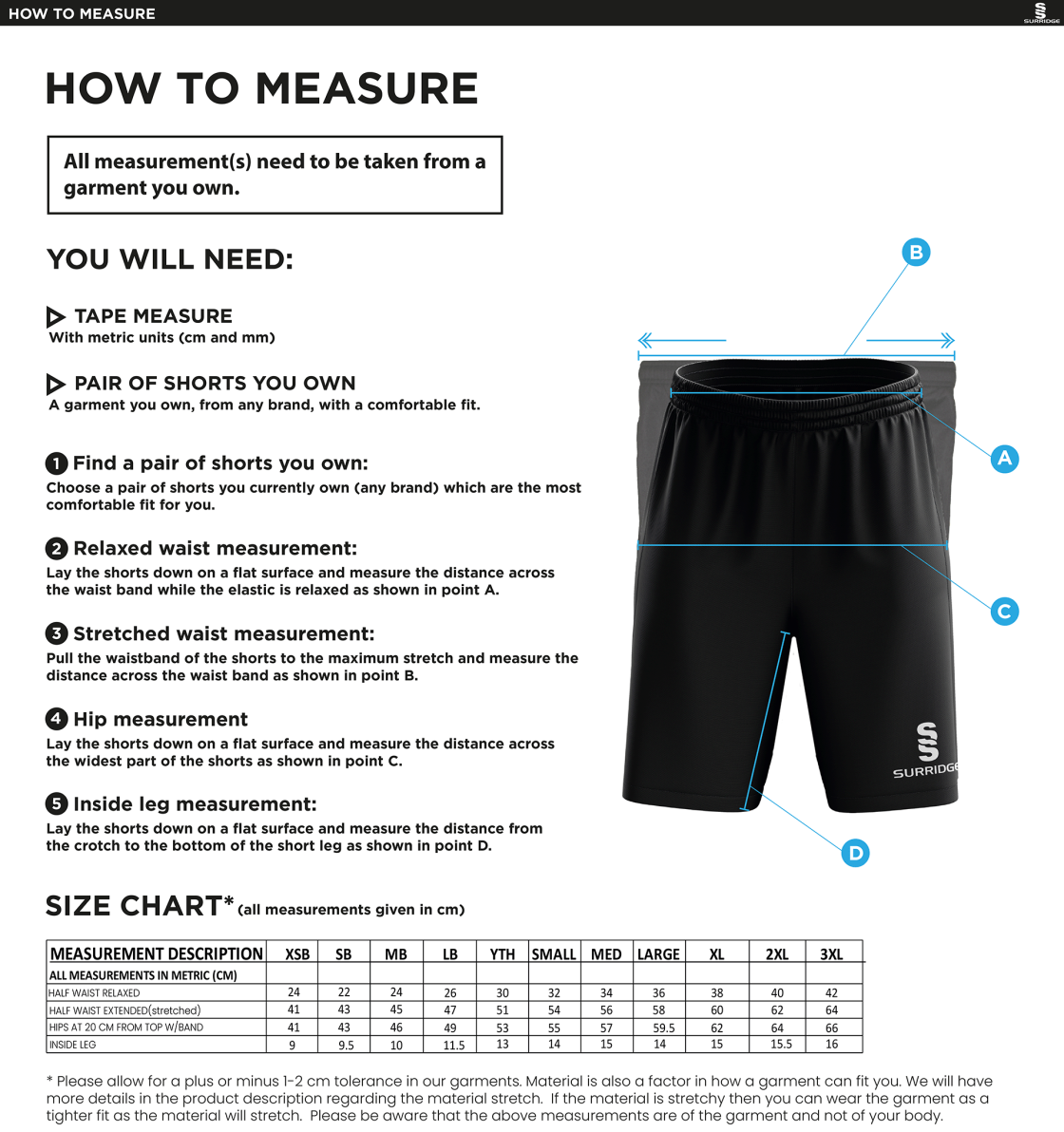 Kinross HC - Classic Short : Black/White - Size Guide