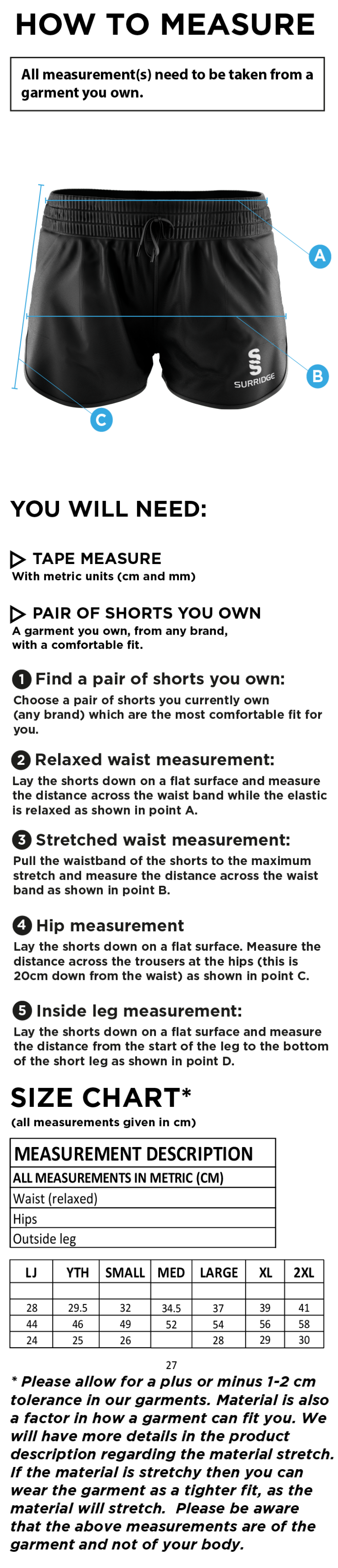Kinross HC - Ladies Dual Active Short : Black - Size Guide