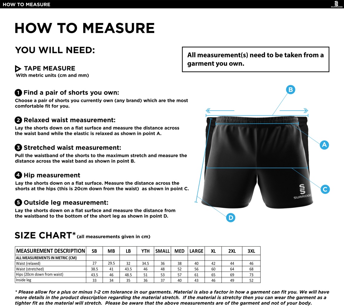 Kinross HC - Performance Gym Short : Black - Size Guide
