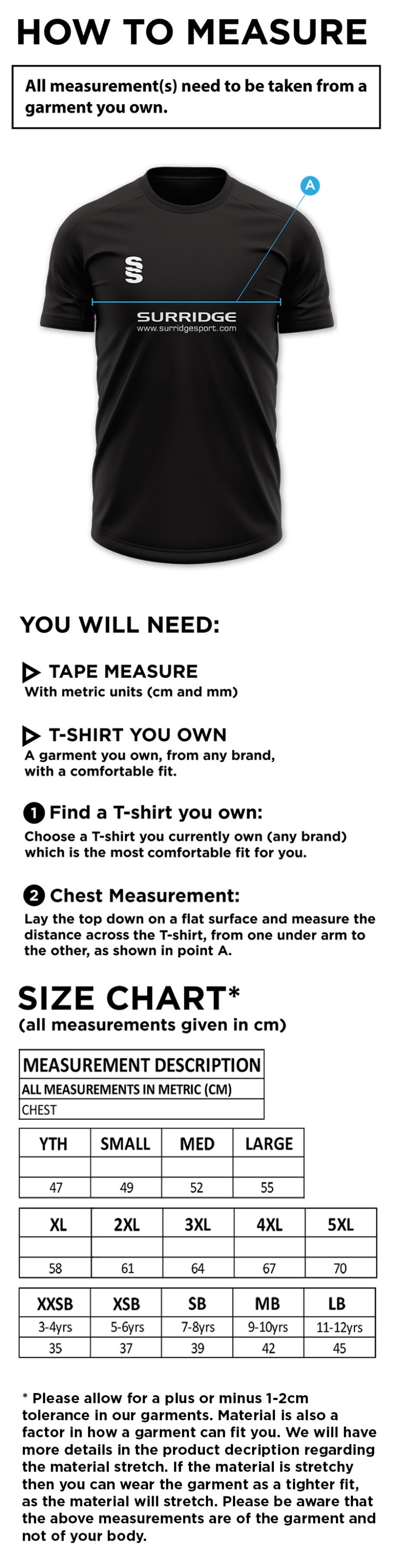 Kinross HC - Women's Blade Training Shirt - Size Guide